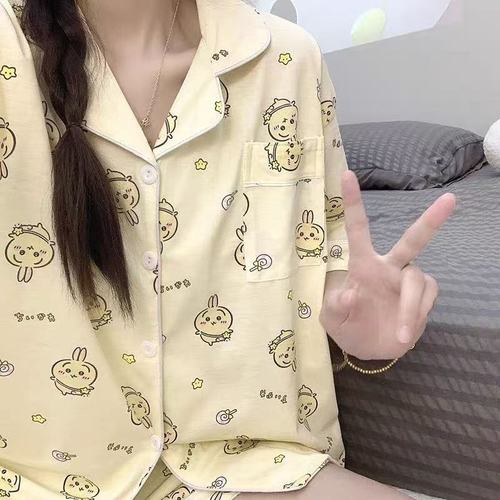 Ji Kawau Saqi pajamas for women in spring and summer cardigan short-sleeved student loose large-size summer Xiaoba home clothes