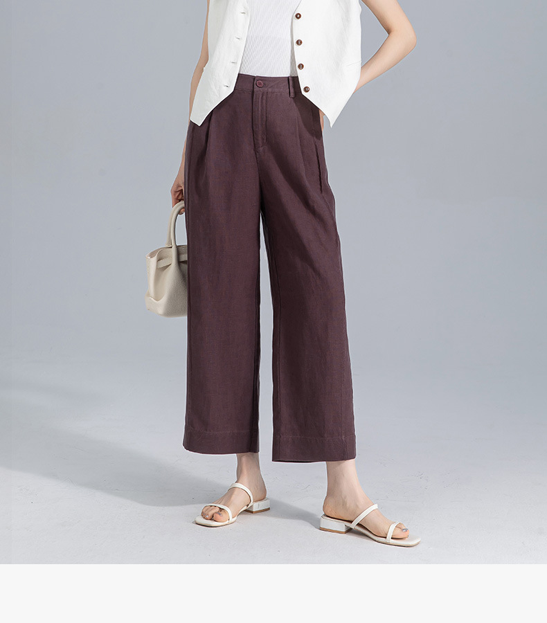 Quần ống rộng nữ cạp cao suông rộng dáng 9 phần vải linen lyocell — màu xanh hải quân chi tiết 2