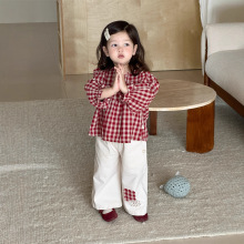 小宝宝衣服2025新款秋装儿童秋装韩版童装女童格子衬衫休闲裤套装