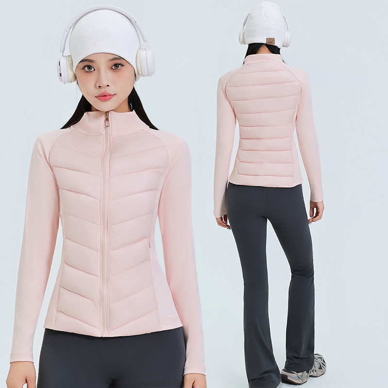 Ropa de yoga, abrigo de algodón de base deportivo, mujer otoño-invierno 2025, nuevo cuello vertical, ligero y delgado con revestimiento interior caliente.
