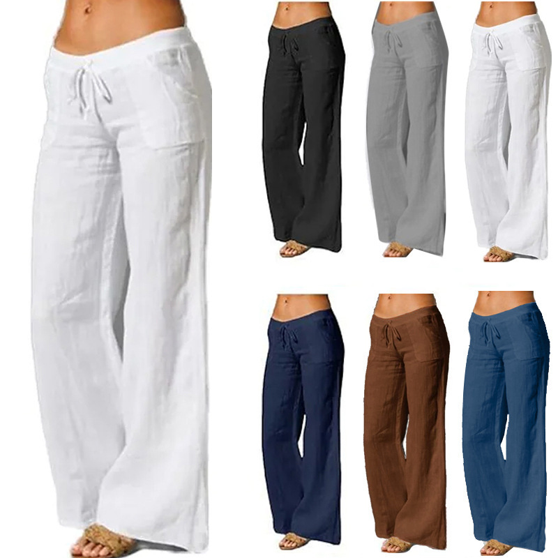 2024 Spring and Autumn Cross-border European and American Women's High Waist Wide Leg Pants Trouser Leg Trumpet Pocket Cotton and Linen Yoga Casual Pants Women's Trousers