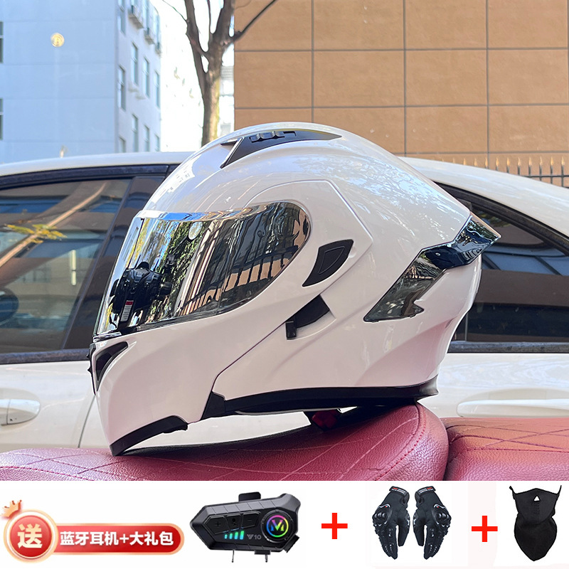 Casco de exposición Orz para hombres y mujeres invierno Doble espejo coche eléctrico semi-Casco completo cola de color coche deportivo ranura Bluetooth cuatro estaciones casco