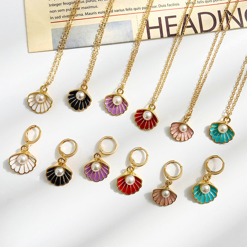 Cross-border European and American pearl shell jewelry set, fashionable temperament, colorful oil drop earrings, internet celebrity temperament necklace