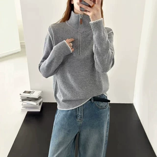 秋冬2026新款半拉链翻领针织衫女撞色拼接POLO领毛衣短款上衣