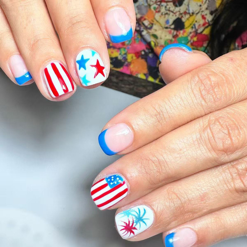 Short Square Simple Wearable Nails American Independence Day Classic French European and American Festival Fireworks Nail Pieces Removable