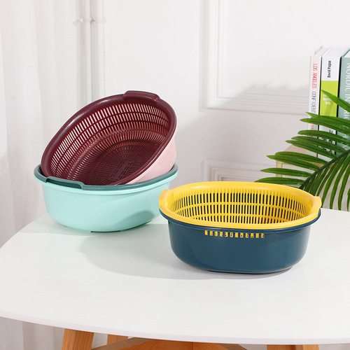 Factory Store Large Double Layer Drain Basket Kitchen Vegetable Basket Fruit Drain Storage Basket Multifunctional Printed Gift