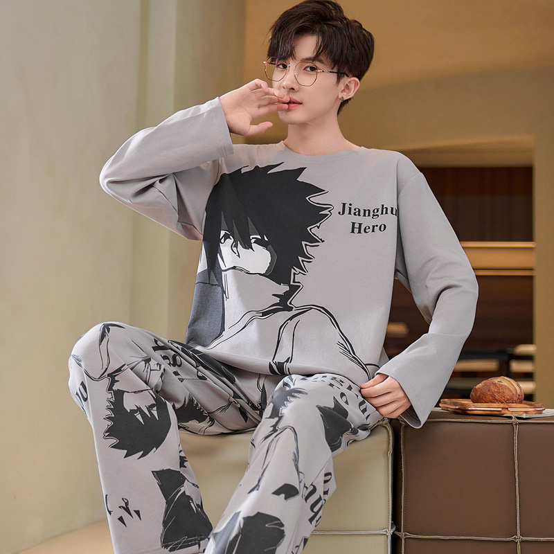 Naruto Pajamas Men's Spring and Autum Pure Cotton Long-Sleeved Pants Loose Teenagers Student Home Clothes Two-Piece Set