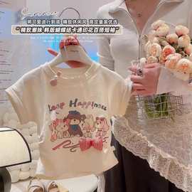 女童夏季新款韩版蝴蝶结上衣中小童可爱印花T恤儿童夏装卡通半袖