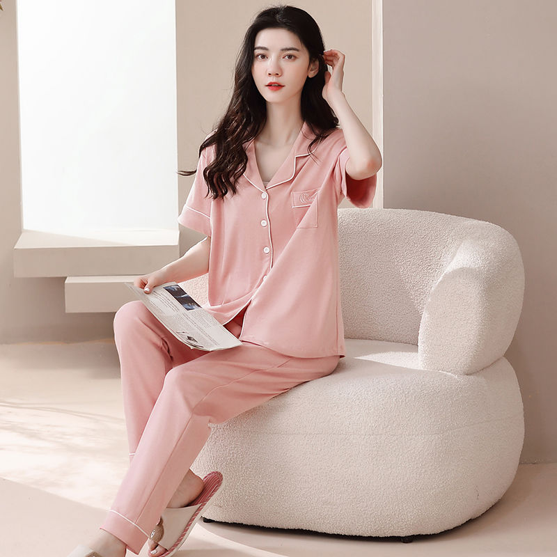 Pijamas de mujer primavera y verano 2023 nuevo 100% algodón cardigan pantalones de manga corta casual traje de desgaste para el hogar