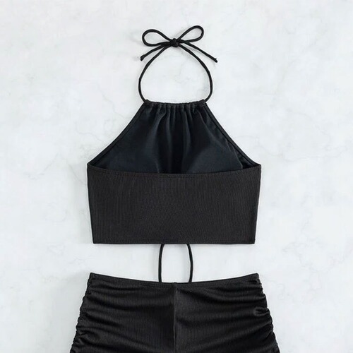 2025 New Amazon European and American Pure Color Strapless One Piece Swimsuit Women's Briefs Sports Beach Bikini Swimwear 