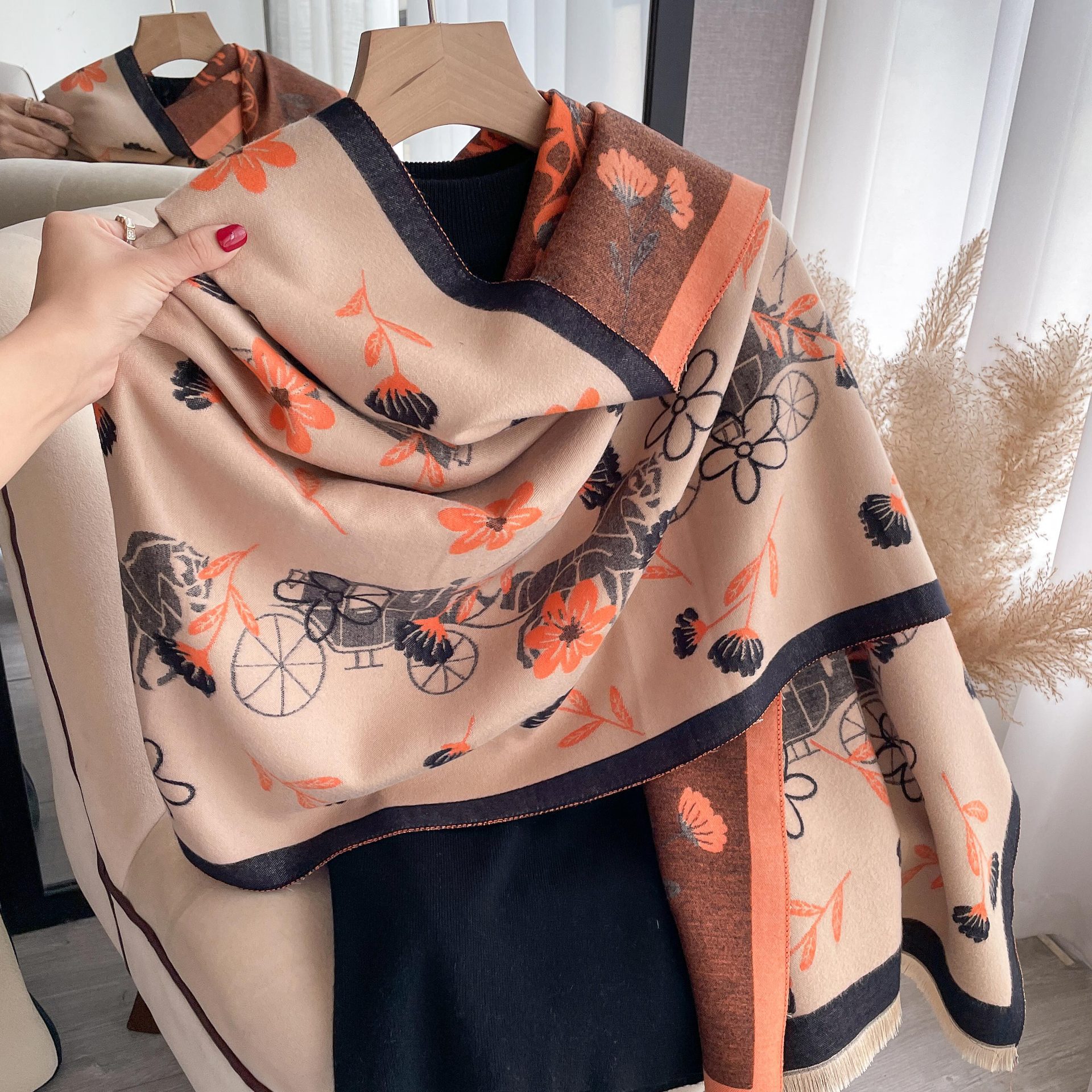 2023 otoño e invierno nuevo artístico retro flor patrón bufanda de Cachemira engrosada alargado chal caliente para las mujeres