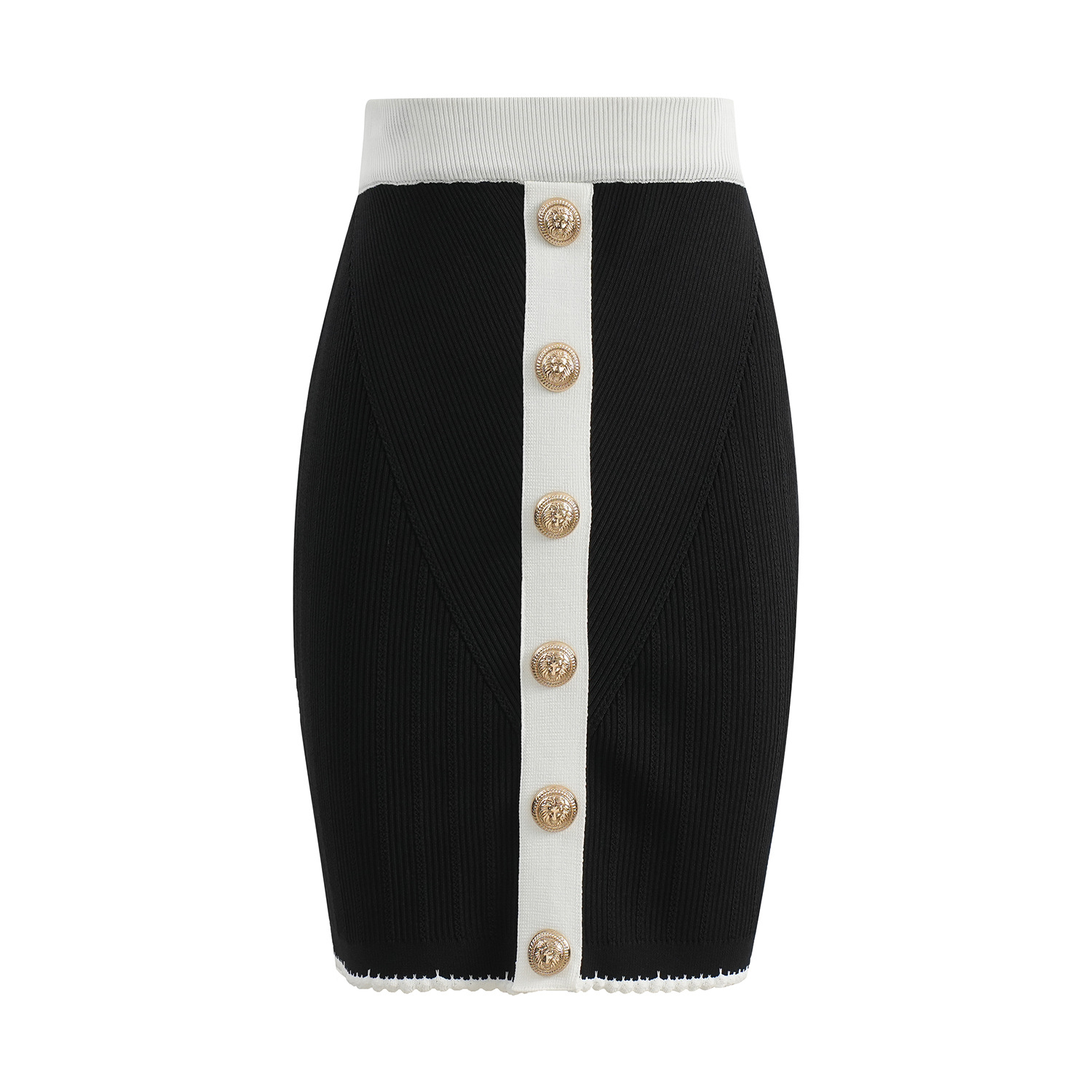 Bajia 26 Summer New Style Single-Breasted Color-Block Elastic Waist Slim Fit Bodycon Knitted Hem Lace Trim Midi Skirt