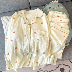 韩版高颜值ins风彩色爱心皱布睡衣女士春秋季长袖家居服套装批发