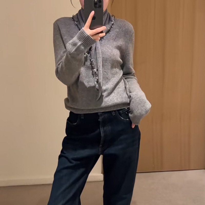 Detachable Diamond-Studded Shawl Collar Knit Sweater for Women, New Autumn Loose-Fit Cashmere Long-Sleeve Pullover Sweater