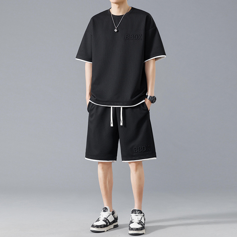 Waffle Summer tallas grandes casual traje de tendencia de manga corta para niños, transpirable, versátil, guapo, suelto, deportivo de dos piezas