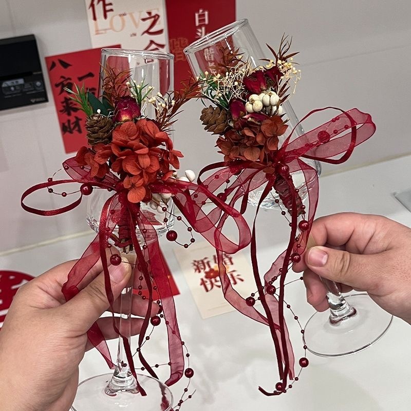 订婚新娘高脚香槟杯花花艺装饰新人结婚敬酒杯敬茶杯仪式感装饰花|undefined