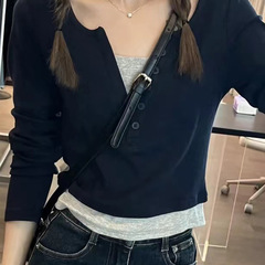 撞色V领假两件打底衫女春秋冬季美式辣妹修身长袖t恤小众显瘦上衣