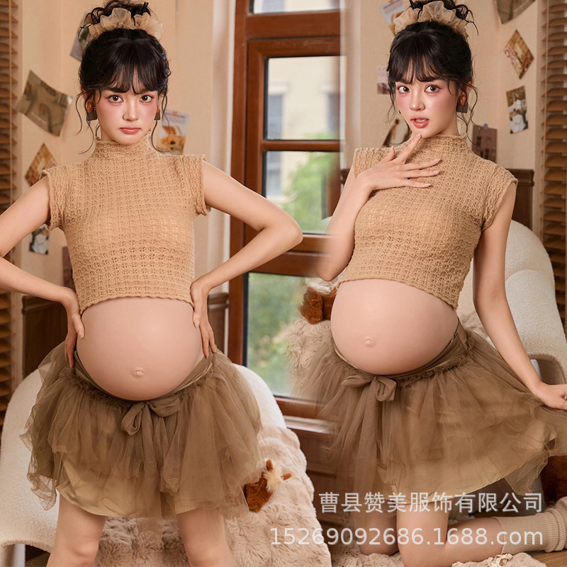 Photo Studio Autumn and Winter New Maternity Photo Clothing Playful and Cute Style Pregnant Mommy Indoor Photo Shoot at Home
