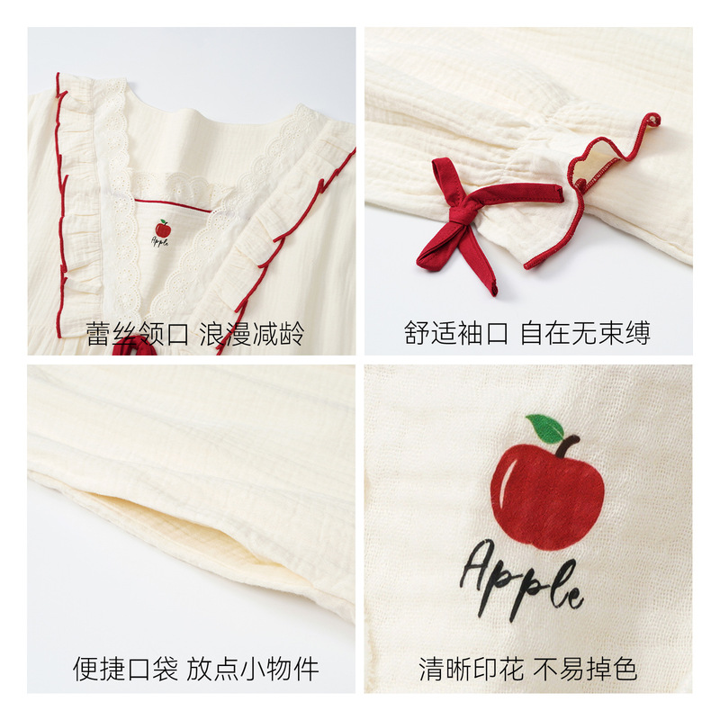 纯棉纱布睡裙女春秋季长袖薄款卡通甜美家居服长款连衣裙圆领套头|undefined