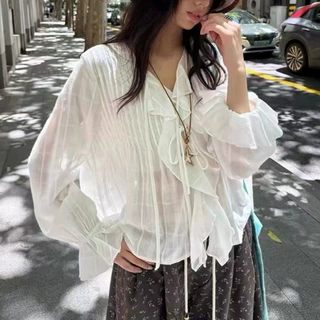法式荷叶边白色衬衫女秋季娃娃衫宽松长袖设计感小众V领绑带上衣