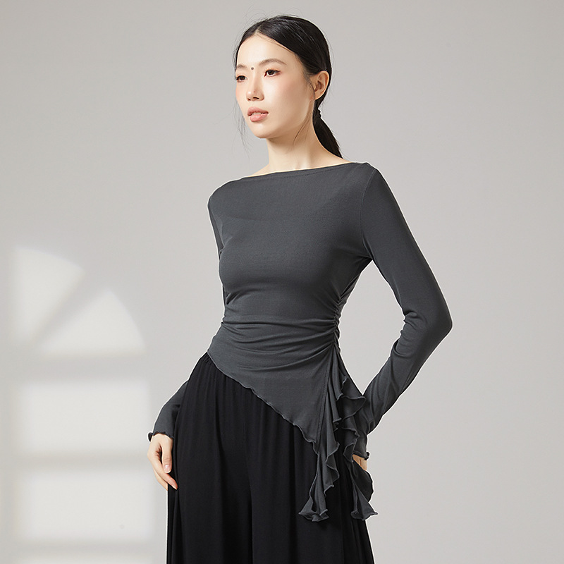 Modern Dance New Style Asymmetrical Slit Ruffled Long-Sleeved Tops Daily Practice Clothes Women's Classical Dance Clothes