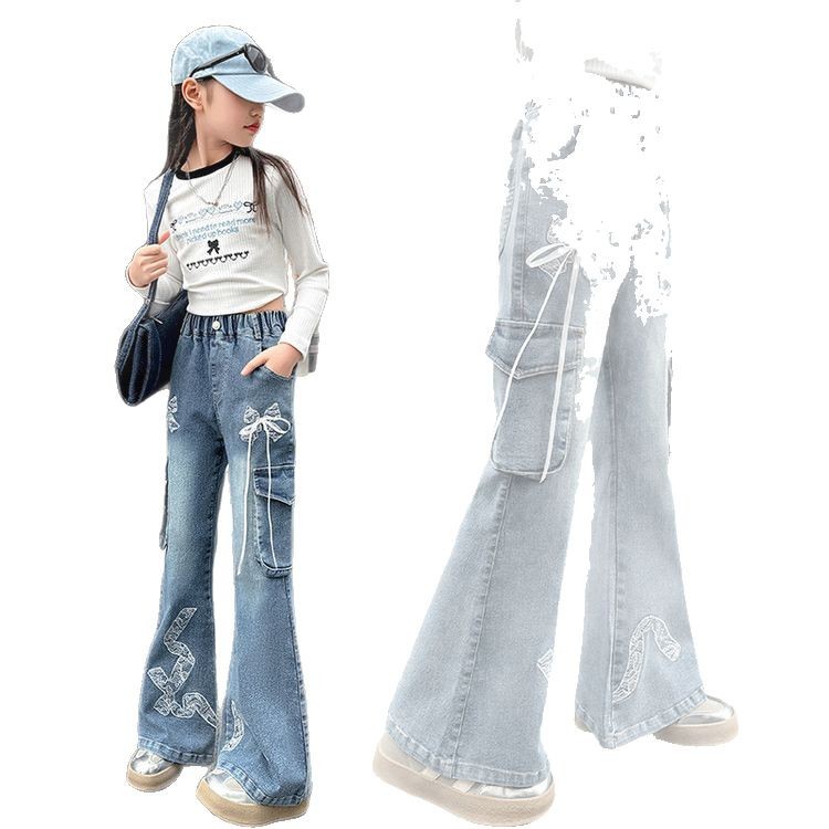 Pantalones acampanados con lazo de encaje A053, nuevos vaqueros para niños de estilo europeo y americano._voghion.com