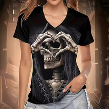 2024外贸跨境temu亚马逊热卖夏季女装骷髅头印花v领短袖T恤女1890