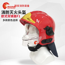 歐式頭盔F1雙層鏡面消防專用滅火保護帽全盔帶披肩防護雙鏡頭盔