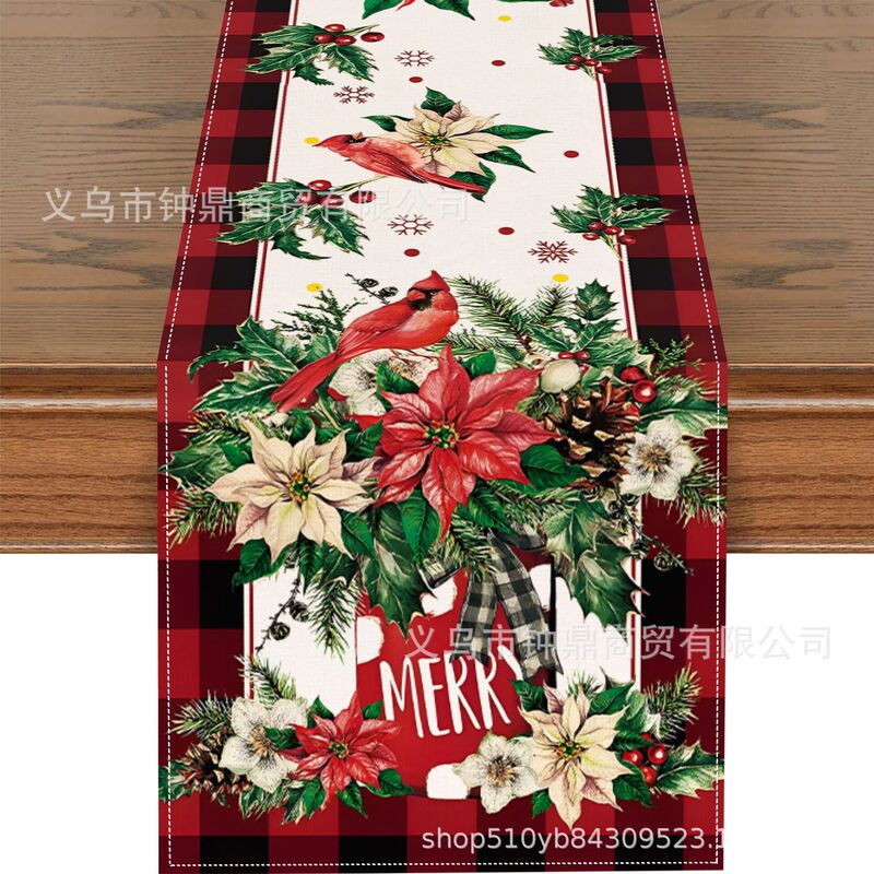 TEMU爆款冬季圣诞节桌旗雪花铃铛印花亚麻材质美式圣诞节装饰桌布|undefined