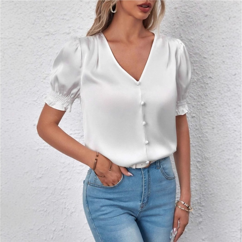 Amazon Cross-Border New Satin V Neck Button-Down Shirt Spring and Summer French Casual Short-Sleeved Ruffled Shirt European and American