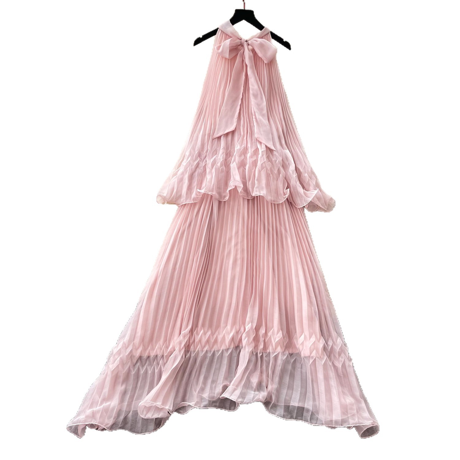 French Style Women's Halter Neck Dress Sleeveless Sweet Youthful Pleated High Waisted Cake Skirt Long Summer Fairy Vacation Dress_ecoleips.com