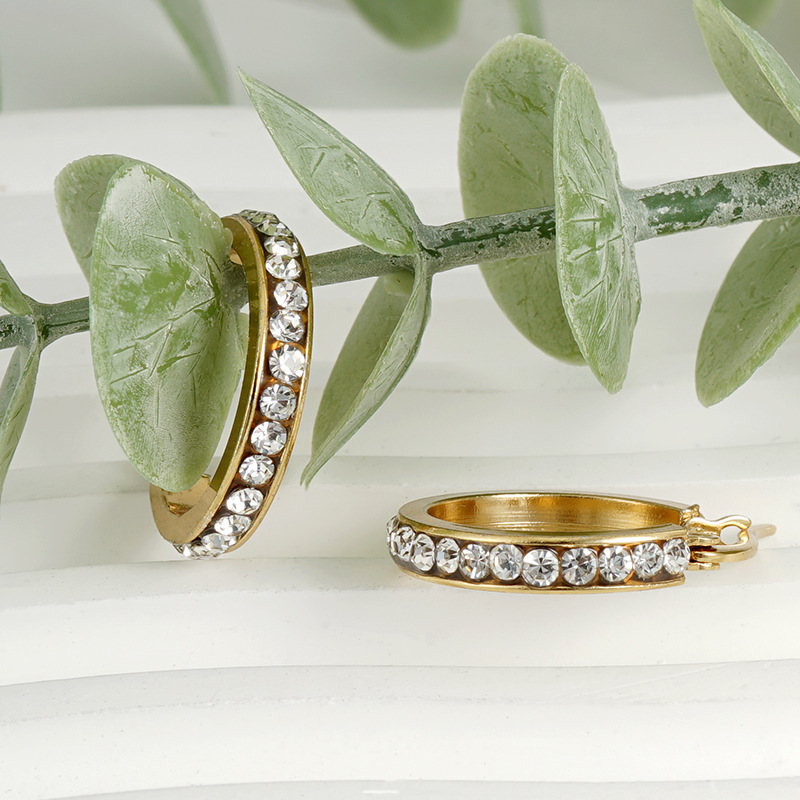 Nuevo oro de 18K de acero inoxidable pendientes oreja hebilla europea y americana de la moda de diamantes redondos de titanio de acero pendientes de las mujeres de fábrica al por mayor