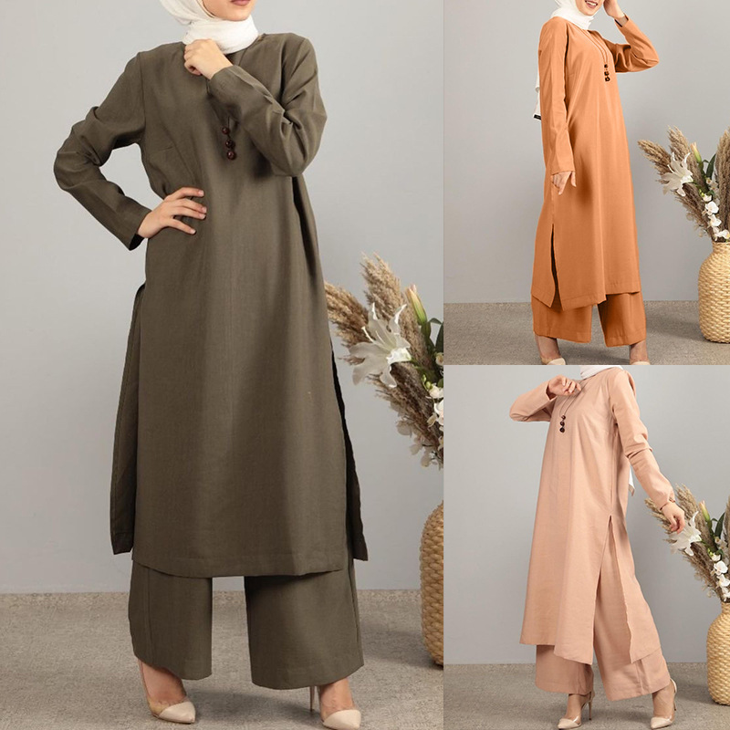 Fd186 in Stock 2022 Autumn New Women's Suit Plus Size Slit Long Robe Two-Piece Set Fd186 in Stock 2022 Autumn New Women's Suit Plus Size Slit Long Robe Two-Piece Set