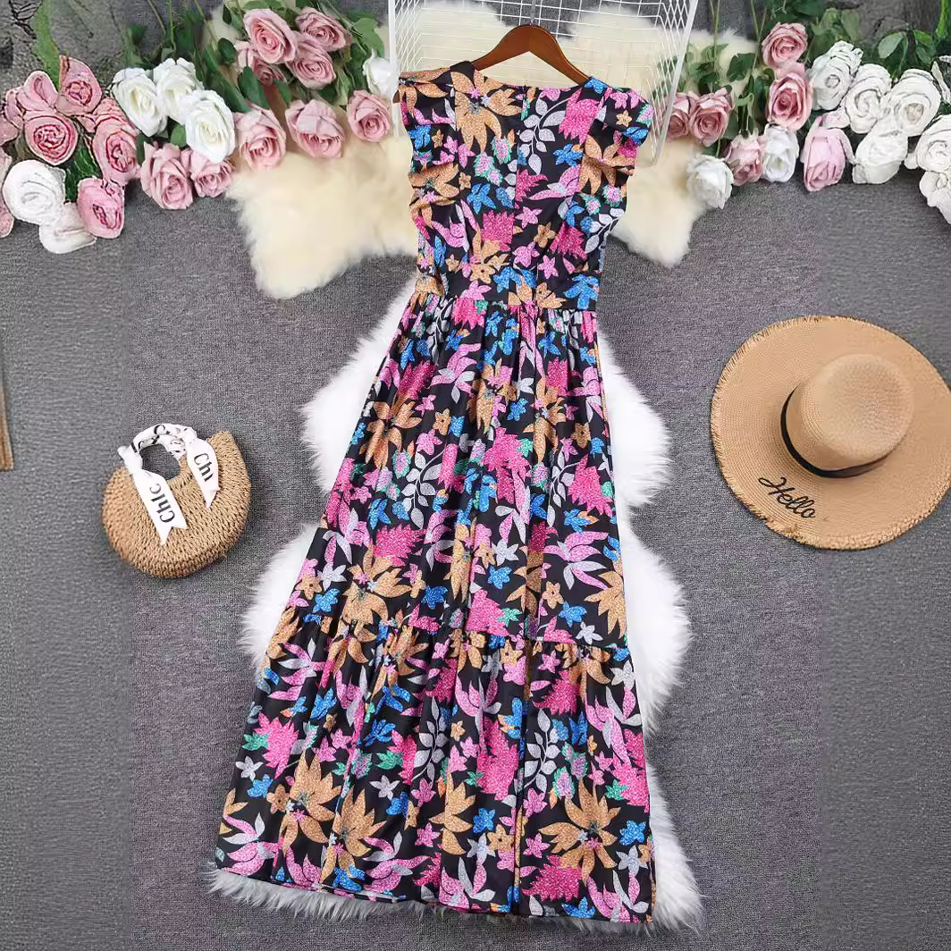 Mid Waist Waist Line Daily, Beach Occasion Wholesale Women's Vacation Leaves Flower Daily Beach V Neck Sleeveless Swing Dress