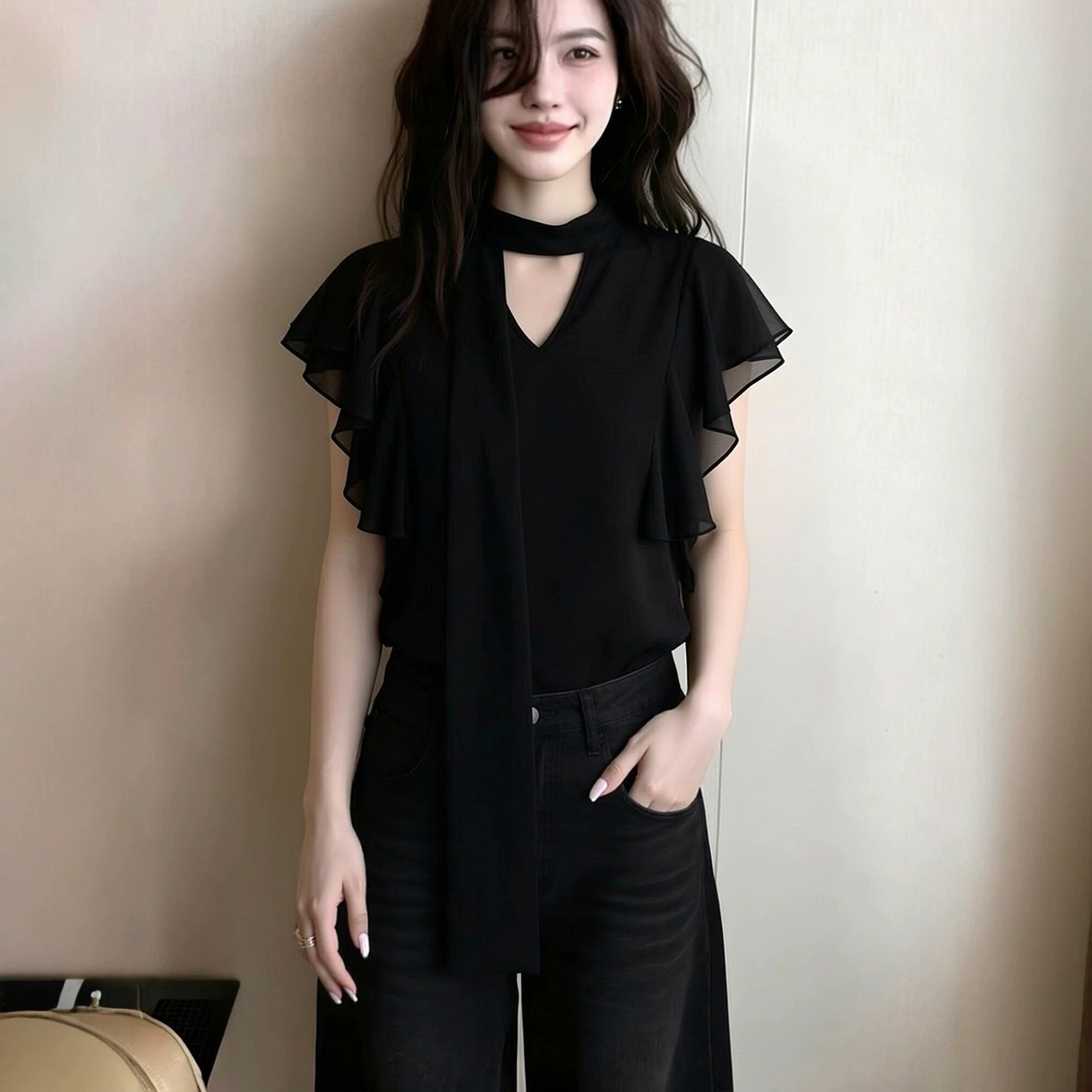 Áo sơ mi nữ cổ V tay ngắn kiểu dáng thanh lịch, thiết kế tay bay nhẹ nhàng — màu đen chi tiết 2