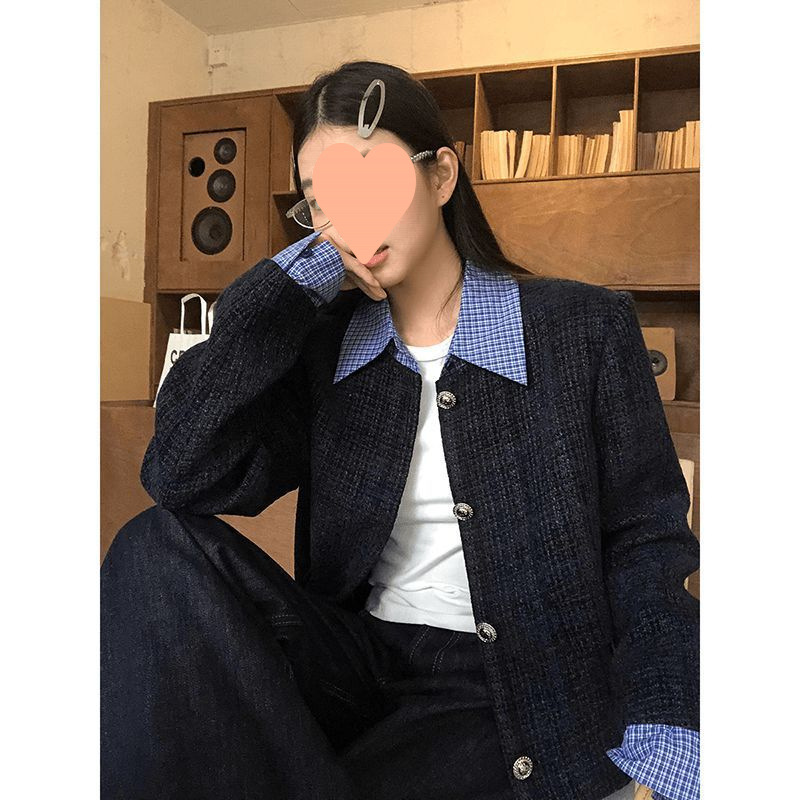 Fake Two-Piece Plaid Collar Autumn 2025 Short Jacket Spring and Autumn New Short Stylish Top