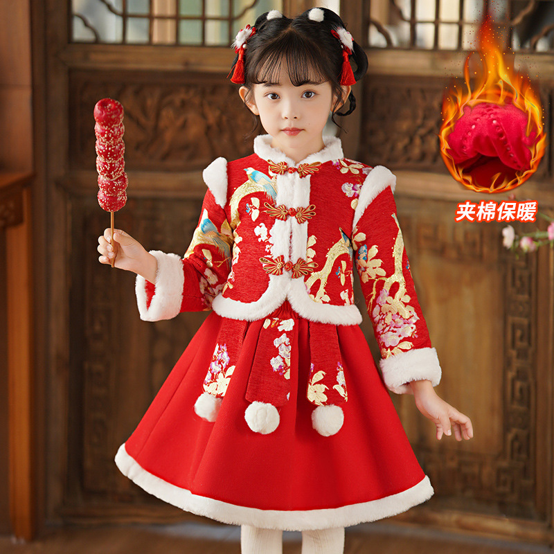 Little Girl's Hanfu Two-Piece Dress Winter Thick Festive New Year Clothes Children's Princess Dress New Year Dress Tang-style Skirt