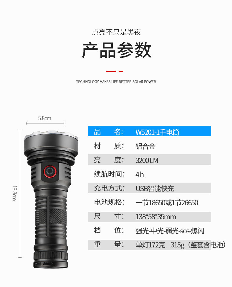 Cross-Border Flashlight with Strong Light and Super Bright with Large Battery and Long Battery Life Rechargeable Portable Outdoor Search Hiking