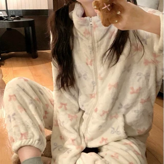 韩国ins 甜美蝴蝶结冬季立领拉链式外套保暖毛绒家居服睡衣套装nv