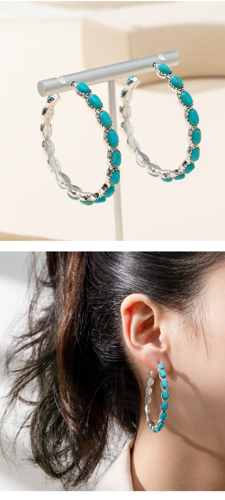 1 Pair Fashion Water Droplets Alloy Metal Plating Hollow Out Inlay Turquoise Women's Drop Earrings display picture 3