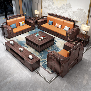 ✅ New Chinese Style Solid Wood Sofa Living Room Ebony Modern Simple Winter and Summer Dual-Use Storage Chaise Sofa Coffee Table Set