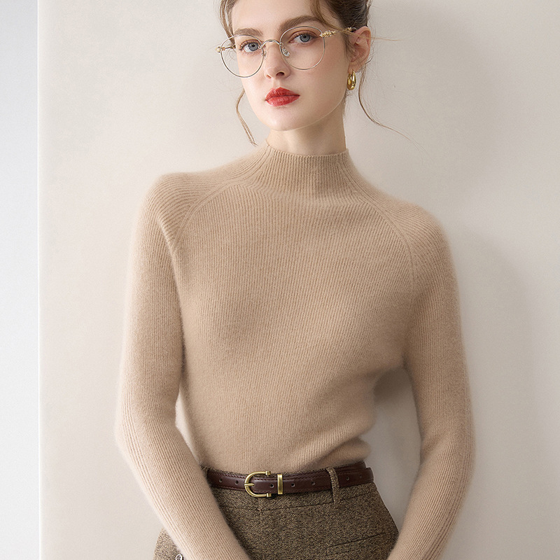 First-Line Ready-To-Wear Cashmere Sweater for Women Half Turtleneck 100% Pure Cashmere Raglan Sleeves Slim Fit Autumn and Winter Warm Inner Sweater