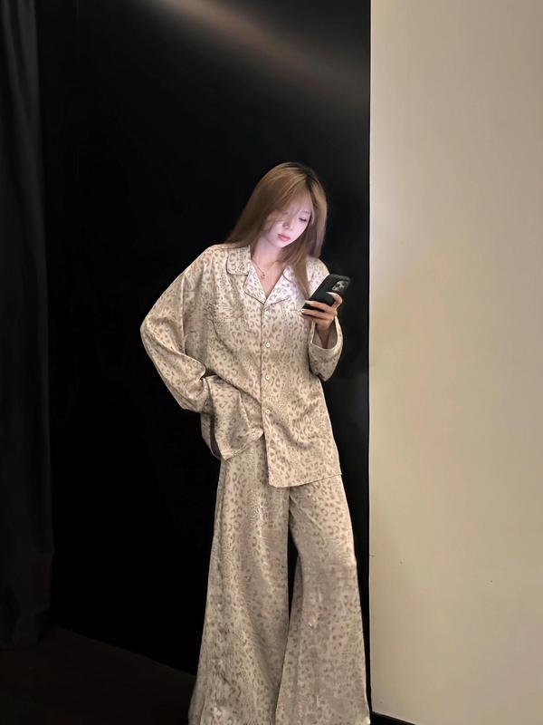 韩系高级感豹纹缎面冰丝睡衣女秋季新款大码长袖长裤家居服两件套|undefined