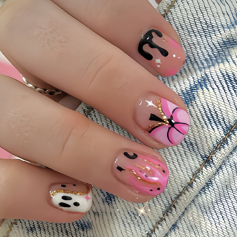 Halloween Short Square Cute Style Pumpkin Flame Blood Ghost Pattern Design Wearable Manicure Fake Nails