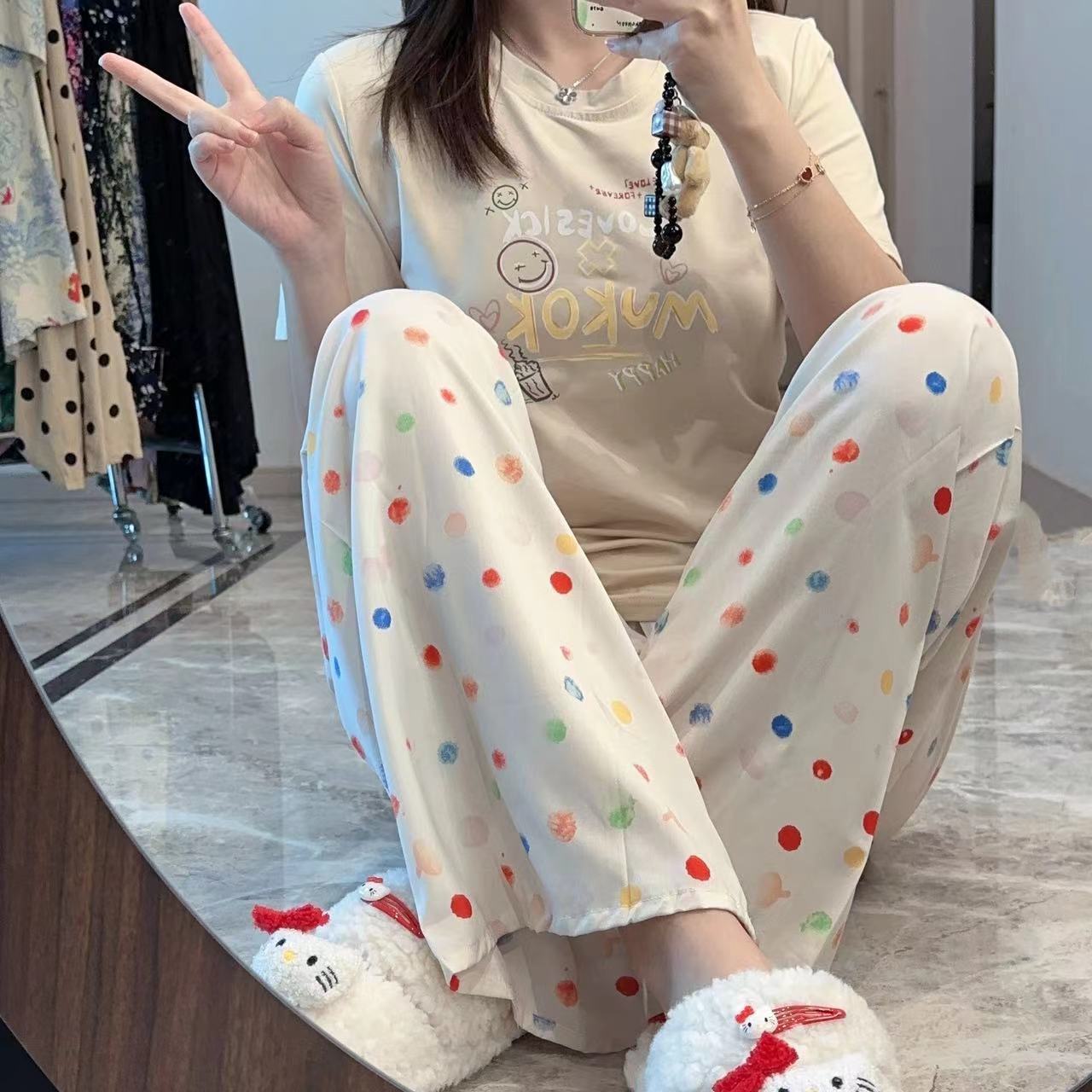 [Spot Clear] Nuevos pantalones anchos chinos de seda de algodón, pantalones de pijama perezosos de cintura alta rectos sueltos de primavera y verano para mujer