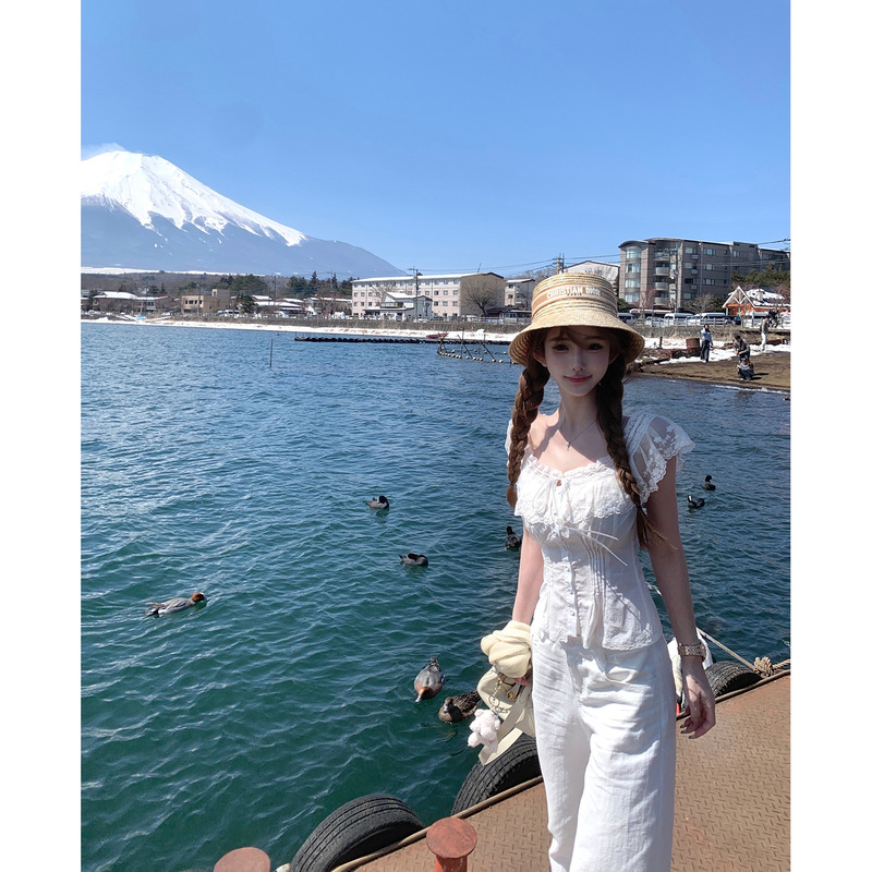 JMSHOP Pure White Summer Various Wear Methods ~ Lace White Shirt Women's Summer Off-shoulder/Off-shoulder Top