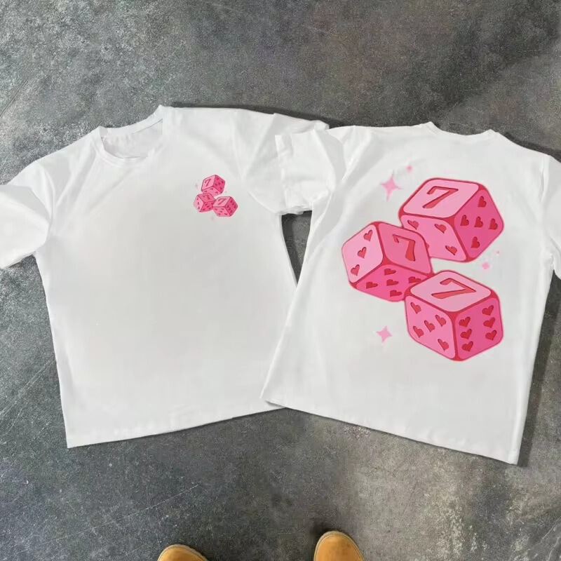 Lucky Seven Dice Women's T-Shirt 2025 Summer Y2K Aesthetic Pink Heart Graphic Loose O-Neck Short Sleeve Casual T-Shirt