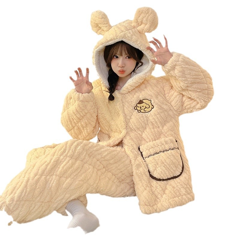 새로운 겨울 잠옷 여성용 3 층 면 패딩 재킷 두꺼운 면 잠옷 따뜻한 산호 양털 홈 의류 세트