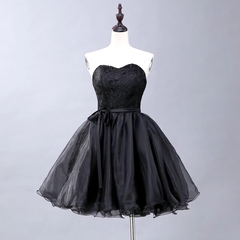 Black Strapless Evening Dress for Women, Short Style, 2026 New Lace Puffy Skirt, Party Dinner Party Dress