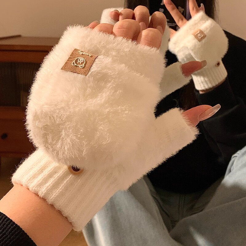可爱小熊露半指翻盖毛绒针织手套女冬季保暖加厚防寒写字触屏骑行|undefined